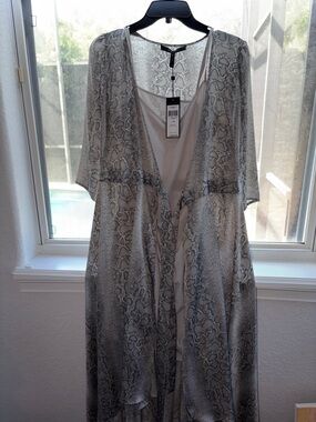 BCBGMaxAzria Sheer Snake-Print Duster with Satin Slip in Grey Frost